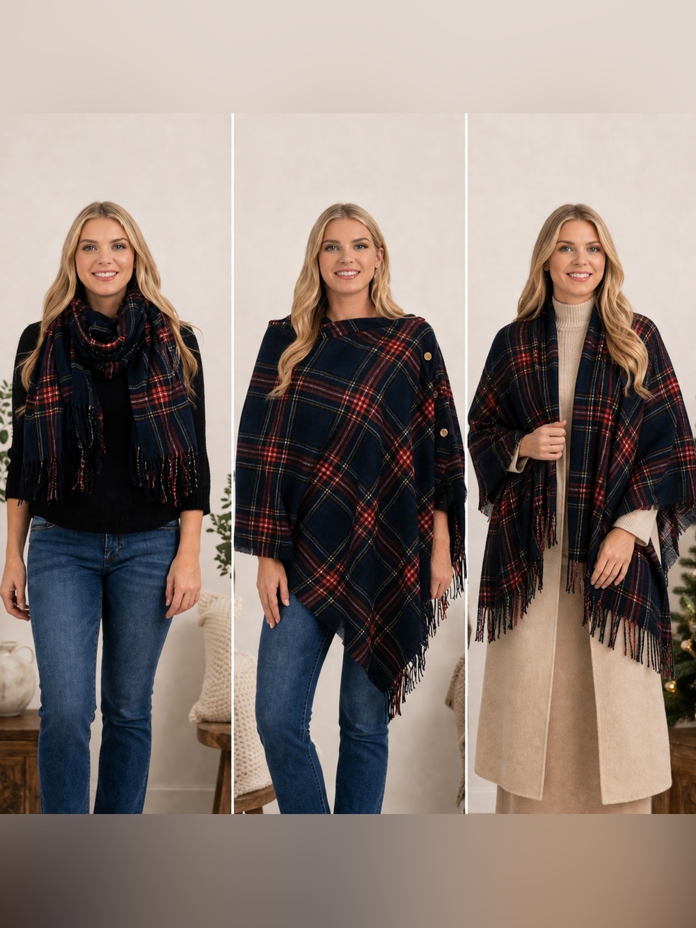 Top It Off Plaid Wrap Shawl Poncho Navy Red Fringe NWT